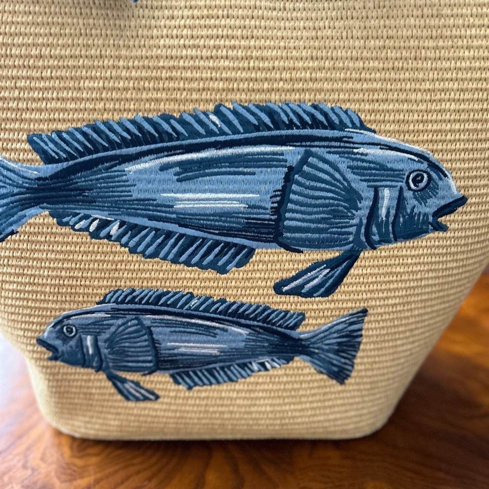Farm Rio Blue Garden Tiles Raffia Shell Tote - Picture 4 of 16